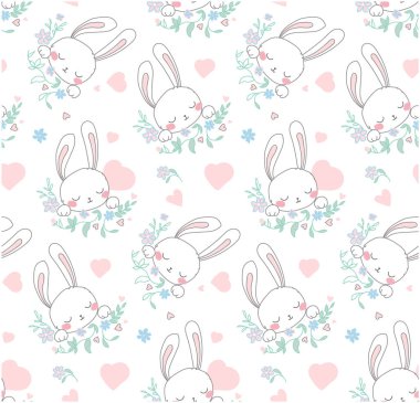 Kusursuz vektör deseni. Etrafta pembe, mavi ve kalp şeklinde hassas beyaz tavşan deseni var. Pastel renklerde çocuk vektör illüstrasyonu. Yeni doğan için.