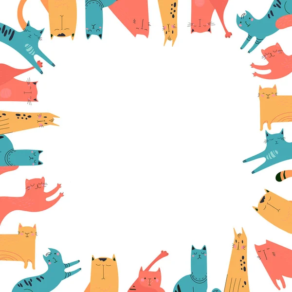 Quadratischer Rahmen handgezeichneter Katzen für Druck, Textilien, T-Shirts, Poster. Vektortiere in verschiedenen Farben. Rahmendesign auf weißem Hintergrund. Niedliche Gesichter, Schnurrbart, Pfoten, Schwänze. Doodles — Stockvektor
