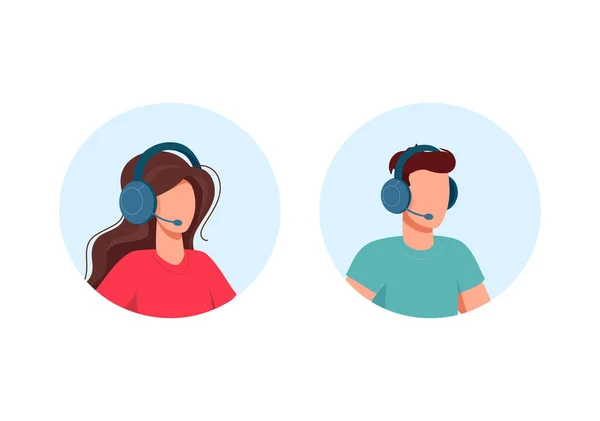 Ícones de especialista em suporte, funcionário do call center, homem e mulher. Iconografia vetorial plana isolada sobre fundo branco —  Vetores de Stock