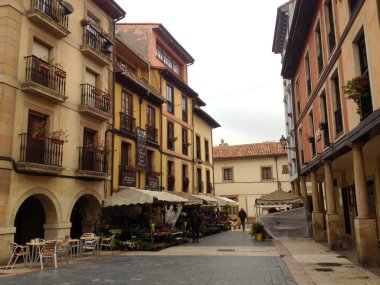 Oviedo, İspanya - 30 Ocak 2018: Çiçek pazarı eski Oviedo şehir sokak. Asturias, İspanya.