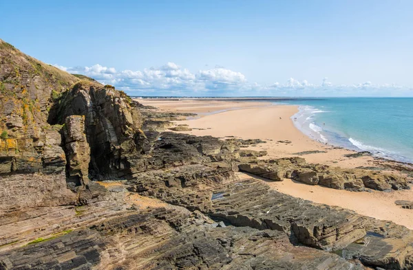 stock image Rocky coast and beach on the Cape Carteret. Normandy, France