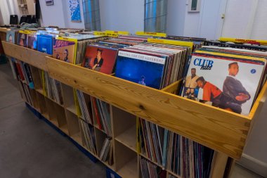 Rafın ön tarafında vinil plaklar var.