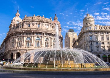 Genoa, Italy - August 20, 2019: Famous fountain in Piazza de Ferrari is a city main square and financial and business heart of Genoa, Liguria region clipart