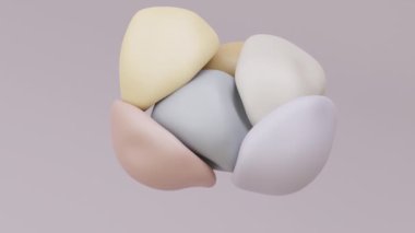 Yumuşak toplar havada 3D render. Sıfır yerçekimi hareketinde renkli dönüşüm küreleri. Lastik şekillerin yavaş çekim animasyonu çarpışma sıçraması. Renk arkaplanındaki pürüzsüz yüzen nesneler. 