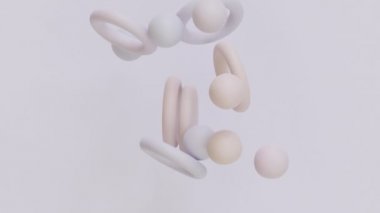 Sıfır yerçekiminde yükselen renkli geometrik figürlerin dinamik animasyonu. Üç boyutlu ilkel şekiller sallanıyor. Renk arkaplanında dağınık nesneler çarpışma sekmesi.