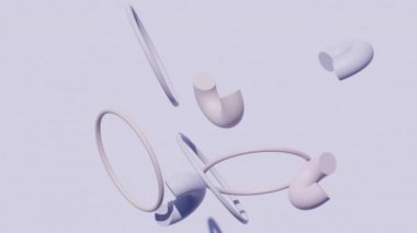 Sıfır yerçekiminde yükselen renkli geometrik figürlerin dinamik animasyonu. Üç boyutlu ilkel şekiller sallanıyor. Renk arkaplanında dağınık nesneler çarpışma sekmesi.