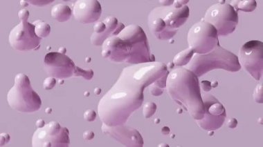 3 boyutlu sıvı kabarcıklar havada uçuşuyor. Pürüzsüz şekil değiştirme küreleri hareketi. Esnek parlak şekillerin akışının canlı animasyonu. Renk arkaplanındaki esnek nesnelerin deformasyonu.