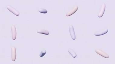 Dönen nesnelerin kusursuz deseni. Renkli geometrik figürlerin havada uçuşunun animasyonu. İlkel şekillerin üç boyutlu yansıması düz arkaplanda sallanıyor. Yukarıdan canlı görünüm. 