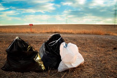 Temiz ormanda, arka planda günbatımı olan çöp torbaları.