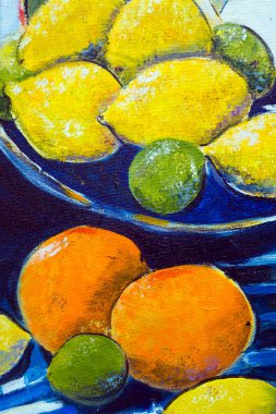 Çok renkli, canlı, orijinal yağlı boya tablo fırça izlerini ve branda dokularını gösteriyor. Limonlar.