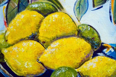 Çok renkli, canlı, orijinal yağlı boya tablo fırça izlerini ve branda dokularını gösteriyor. Limonlar.
