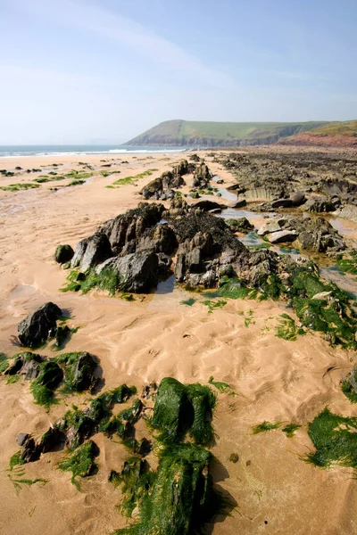 Plage Manorbier Bay Soleil Printanier Pembrokeshire Pays Galles Royaume Uni — Photo