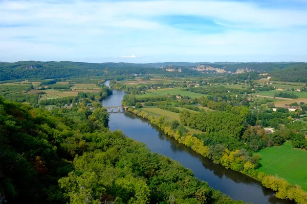 Vista Tardia Verão Sobre Campos Retalhos Rio Vale Dordogne Domme — Fotografia de Stock