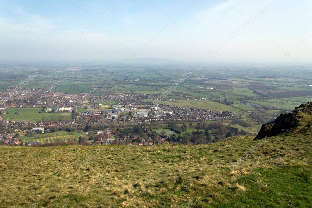 The panoramic view near Worcestershire Beacon over the town and Worcestershire countryside below, Malvern, Worcestershire, UK