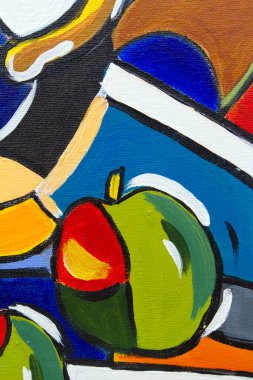 Çok renkli, canlı, orijinal yağlı boya tablo fırça ve tuval dokularını gösteren ayrıntıları kapat - elmalar