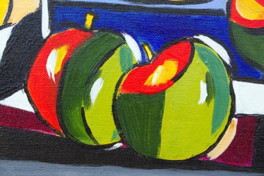 Çok renkli, canlı, orijinal yağlı boya tablo fırça ve tuval dokularını gösteren ayrıntıları kapat - elmalar