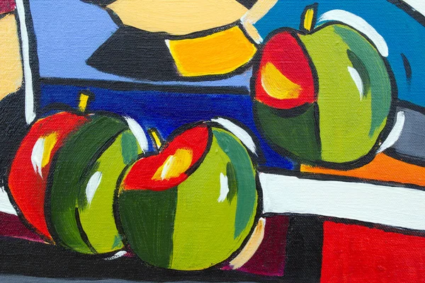 筆使いとキャンバスの質感を表現した鮮やかなマルチカラーのオリジナル油絵具 リンゴ — ストック写真