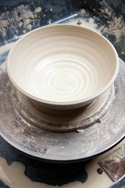 Lady Ceramics Artist Work Her Home Pottery Studio Throwing Bowl — Stock Photo, Image