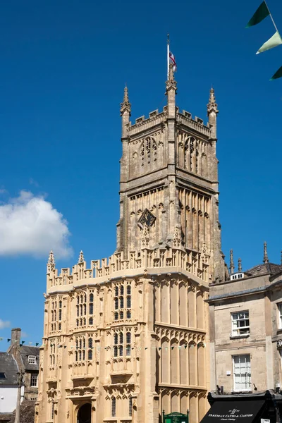 Cirencester Reino Unido Mayo 2014 Torre Porche Restaurado Iglesia Abadía — Foto de Stock