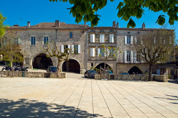 Monflanquin Franciaország 2017 Április Place Des Arcades Központi Tér Történelmi — Stock Fotó