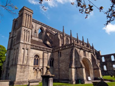Tarihsel Malmesbury Manastırı bahar güneşinde, Wiltshire, İngiltere