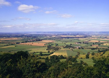 Haresfield Beacon, Gloucestershire, Cotswolds, İngiltere, İngiltere 'den Severn Vadisi' ndeki tarlalar üzerine yaz manzarası