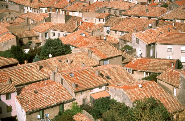 Vista Sobre Los Tejados Azulejos Rojos Carcasona Desde Castillo Aude —  Fotos de Stock