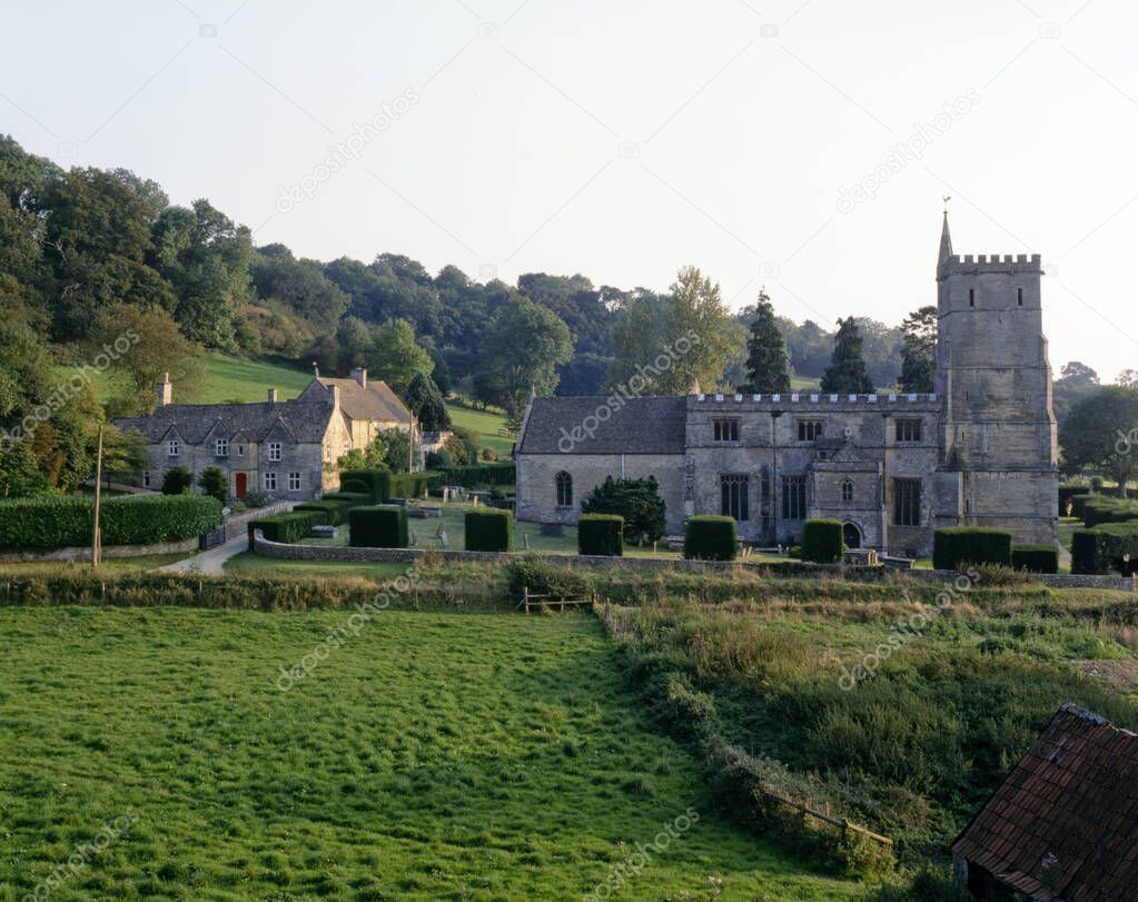 The tiny hamlet and church at Hawkesbury in remote rural countryside, Gloucestershire, Cotswolds, England, UK, Europe