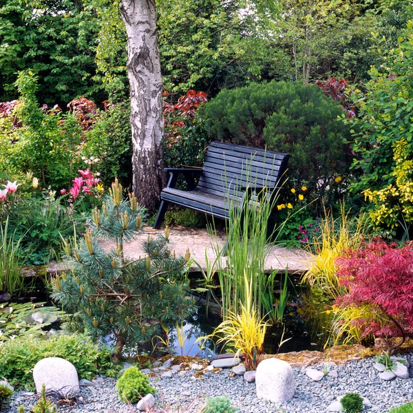 Secluded Garden Bench Pond Corner Garden — Stock Photo, Image