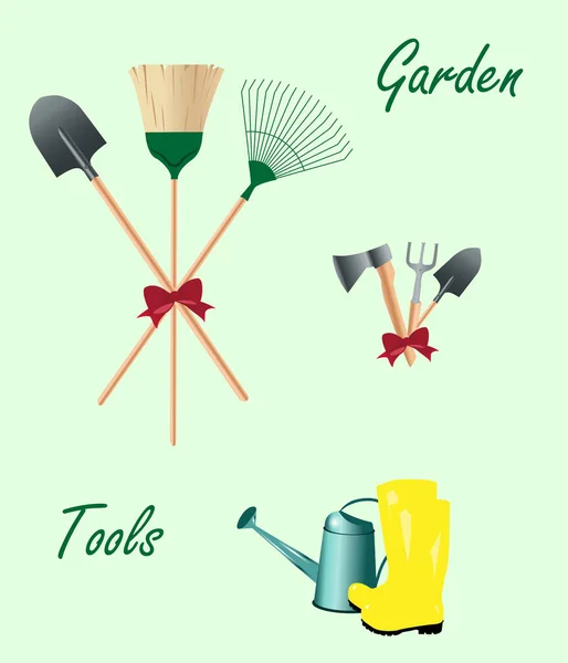 一套花园工具 代表着漂亮的红色弓形花束 矢量图像 — 图库矢量图片