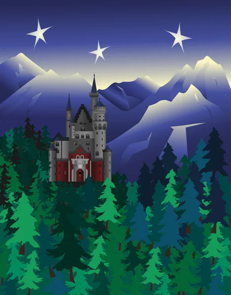 森林里的一座城堡 有高山背景 矢量说明 — 图库矢量图片