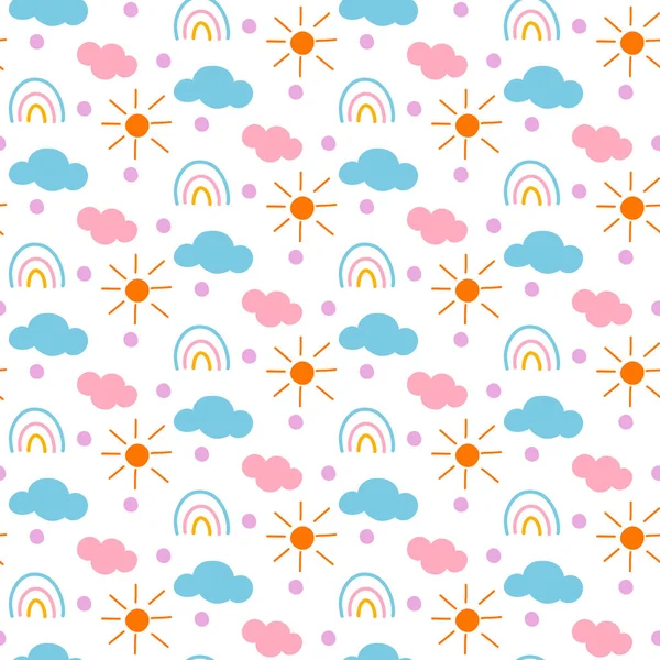 漂亮的彩虹 云彩和阳光手绘无缝矢量图案 斯堪的纳维亚风格的幼稚可笑的图画 采购产品婴儿包装纸 纺织品 矢量说明 — 图库矢量图片