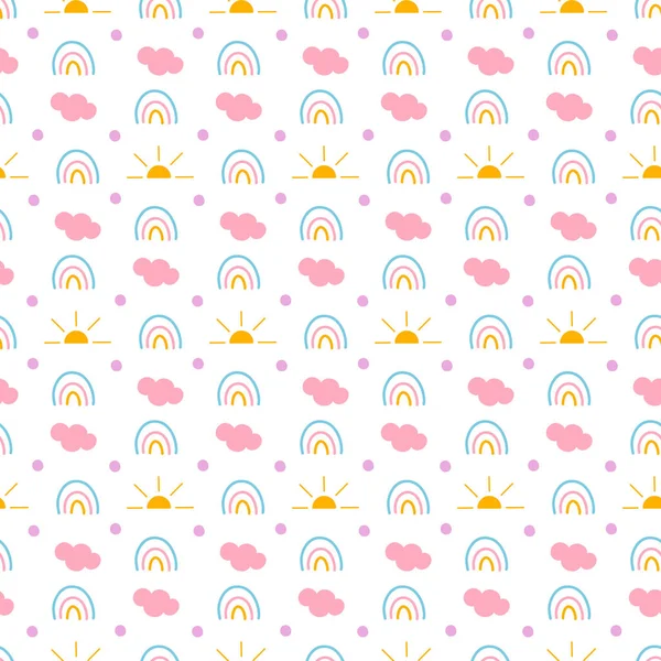 漂亮的彩虹 云彩和阳光手绘无缝矢量图案 斯堪的纳维亚风格的幼稚可笑的图画 采购产品婴儿包装纸 纺织品 矢量说明 — 图库矢量图片