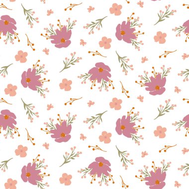 Soyut vektör çiçekleri pastel renkte deseni tekrarlarlar. Beyaz arka planda pembe çiçekli pürüzsüz desen kumaş duvar kağıdı tekstili ve daha fazlası için