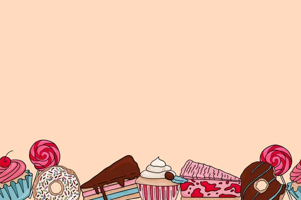 Bordure Sans Couture Avec Sucreries Beignets Sucette Gâteaux Illustration Vectorielle — Image vectorielle