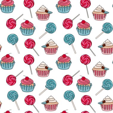Kusursuz vektör tatlısı kalıpları. Beyaz arka planda lolipop ve cupcake ile hisse senedi tekrarlama kalıbı. 