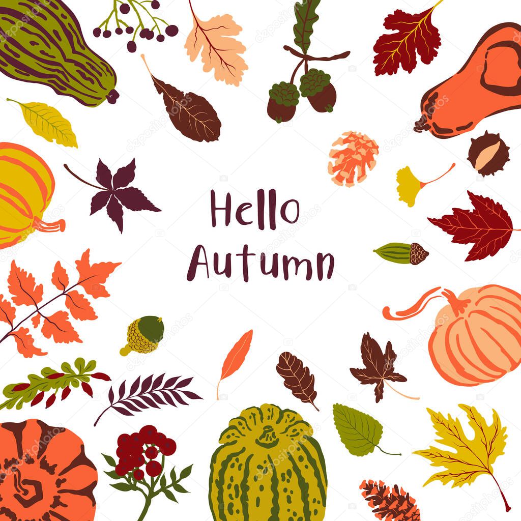 Square vector frame with autumn leaves pumpkins berries and acorn. Background with the stock fall images of a leaf and pumpkin perfect for poster. Easy to edit   