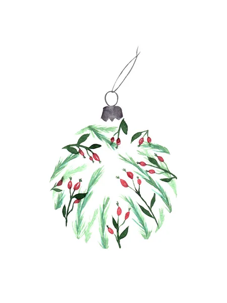 Aquarell Christbaumkugel Mit Blättern Und Winterbeeren Auf Weißem Dekor Weihnachtskugel — Stockfoto