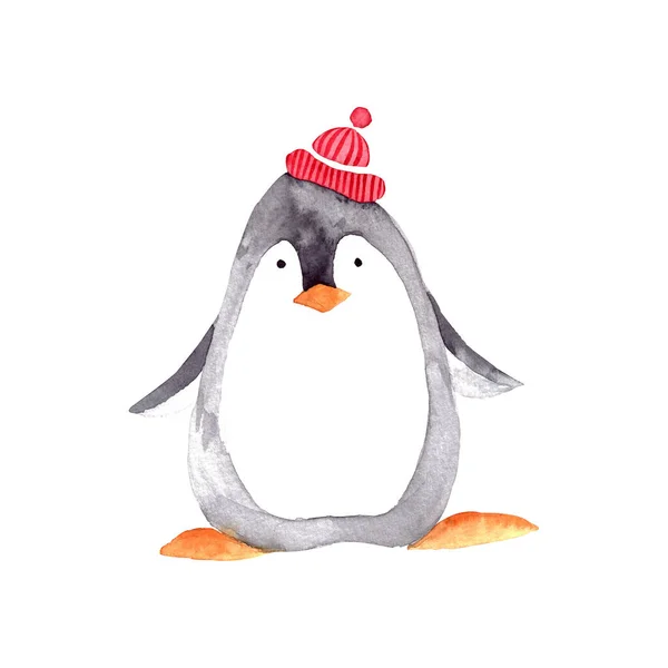 Роспись Акварелью Милый Рождественский Пингвин Вязаной Красной Шляпе Рождественский Символ — стоковое фото