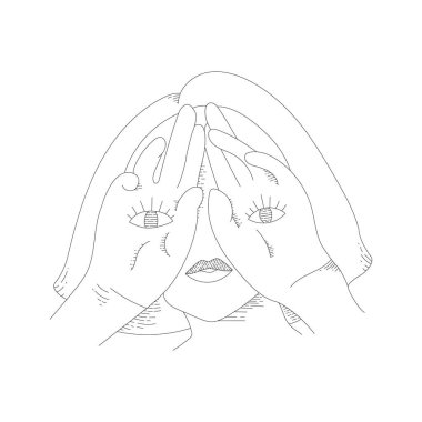 Karalama vektörü siyah beyaz mistik kadın tasviri. Gözleri kapalı ve elleri de göz sembolü olan kadın. El göz vektörü esrarengiz sembolü üzerinde.  