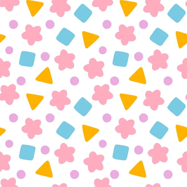 用于儿童织物 墙纸的几何形状无缝图案 可爱的粉红星 黄色三角形 蓝色正方形 手绘重复背景 — 图库矢量图片