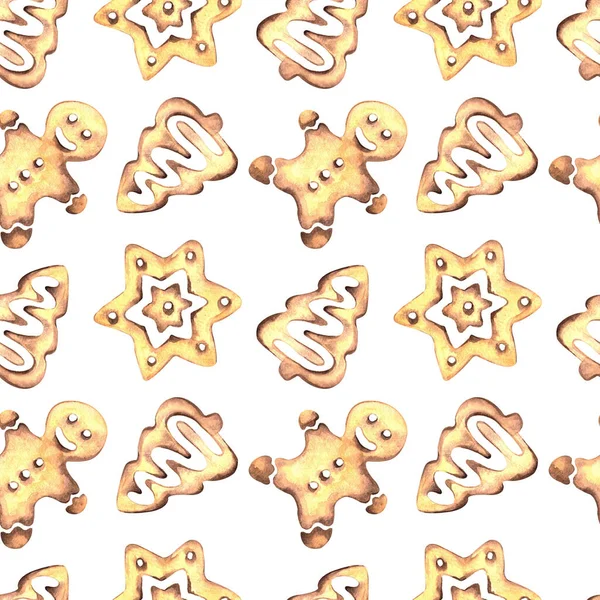 Seamless Watercolor Pattern Ginger Cookies Watercolor Ginger Man Star Tree — Stock Photo, Image