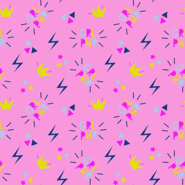 Kız gücüyle ilgili kusursuz vektör pembe desen. Yıldız üçgenli feminizm hakkındaki renkli tekrarlar fermuarları taçlandırır ve grl gücünü harf harf yapar. Kadınların dünyayı değiştirme gücü vardır..