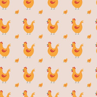 Kusursuz vektör tavuk ve tavuk deseni. Sarı tavuklarla arka planı tekrarla  