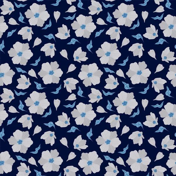 Διάνυσμα Απρόσκοπτη Floral Μοτίβο Σκούρο Φόντο Λευκά Λουλούδια Μπλε Φύλλα — Διανυσματικό Αρχείο