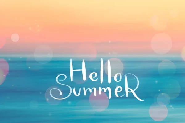 Hello Summer Words Blur Tropical Sunset Beach Bokeh Sun Light — Stock Photo, Image