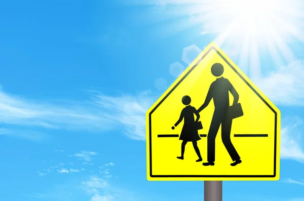 School Zone Warning Sign Blue Sky Sun Light White Clouds — Stock Photo, Image
