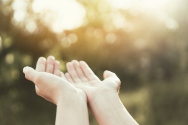 Kadın gün batımına kadar elini açık tut gökyüzü ve yeşil yaprak bokeh güneş ışığı soyut arkaplan. Klasik ton filtre efekti renk biçimi.