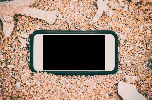 Chytrý Telefon Tropické Pláži Písek Bokeh Slunce Světelné Vlny Texturu — Stock fotografie