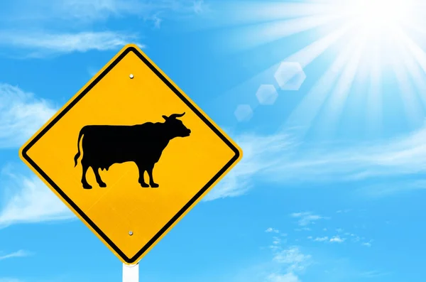 Animal Cow Warning Sign Blue Sky Sun Light White Clouds — Stock Photo, Image